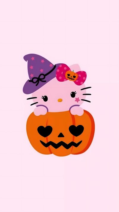 a hello kitty sitting on top of a pumpkin wearing a witches hat with her eyes closed Halloween With Hello Kitty In A Hat Hello Kitty Pumpkin Pink, Iphone Cute Hello Kitty Halloween, Pink Hello Kitty Halloween, lavender blush