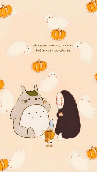 an image of cartoon characters with pumpkins in the background Totoro Halloween Totoro Halloween, Autumn Ghibli, Fall Studio Ghibli, Fall Ghibli, Thanksgiving Anime, bisque