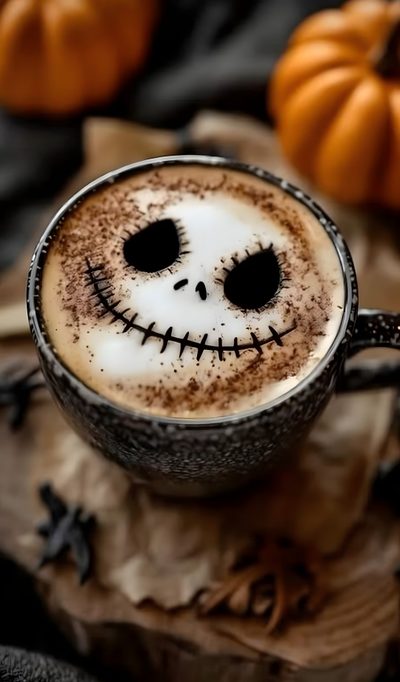 a cup filled with liquid and decorated like a jack - o'- lantern face Halloween Coffee Spooky Coffee Inspiration, Halloween Coffee, Spooky Coffee, Halloween Latte, saddle brown