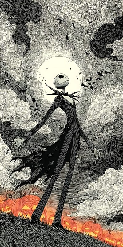 a drawing of a man in a field with pumpkins Halloween Jack Skellington Nightmare Before Christmas 2, Skeleton Artwork, Nightmare Before Christmas, gray