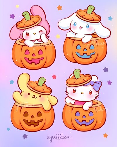 four cartoon pumpkins with cats and dogs on them, one is wearing a hat Kawaii Sanrio Halloween Images Hello Kitty, Charmmy Kitty, Hello Kitty Coloring, Sanrio, lavender