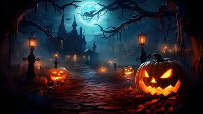 a halloween scene with jack o lantern and pumpkins Happy Halloween 4k Halloween Backgrounds Landscape, Halloween Background Realistic, Halloween Full Moon Background, black
