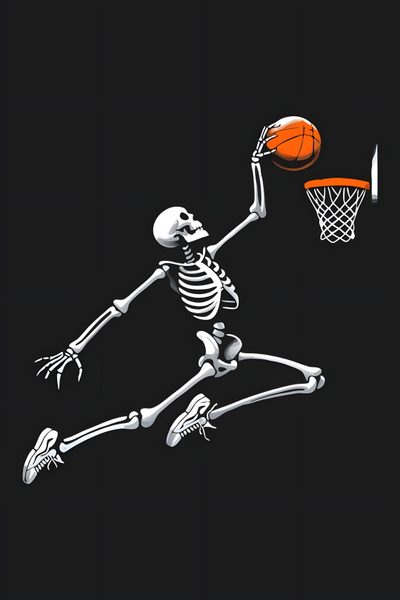 a skeleton playing basketball in the dark Halloween Nba Skeleton Dunking Basketball, Basketball Ghost, Grim Reaper Basketball, black