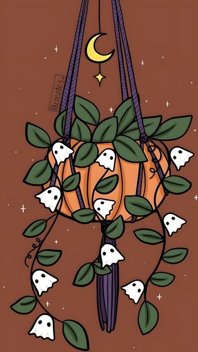 a pumpkin hanging from a plant with ghost faces on it Halloween Plant Ghost Plant, Simple Halloween Drawings Aesthetic, Cute Spooky Halloween, sienna
