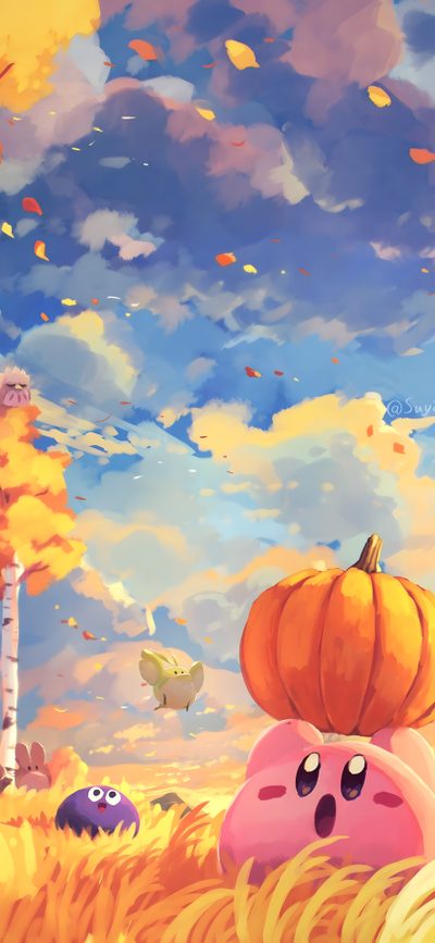 a pig with a pumpkin on its head in the middle of a wheatfield under a cloudy blue sky Kirby Halloween 4k Image Kirby, Kirby Art Colorful Sky, Kirby Autumn, Kirby Landscape, Kirby Sky, rosy brown