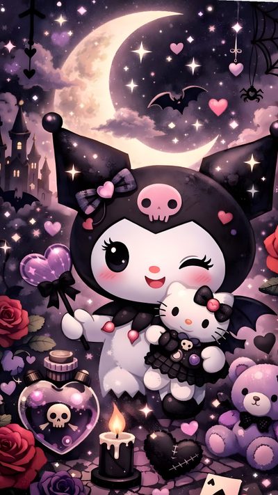 Kuromi Art, All Sanrio Characters Wallpaper, Kurumi Hello Kitty, Halloween Wallpaper Backgrounds, Kuromi Witch Wallpaper, Kuromi Images Wallpaper, Kromium Hello Kitty, Kuromi Cute Wallpaper, Witch Wallpaper Kuromi Sanrio Halloween Kuromi Art, All Sanrio Characters, Kurumi Hello Kitty, dark slate gray