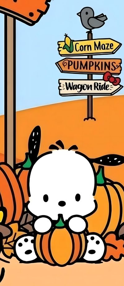 hello kitty is sitting in the pumpkin patch Pochacco Halloween Autumn Sanrio Theme, Cute Fall Illustration, Fall Festival Decoration Ideas, sandy brown