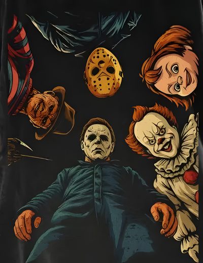 an image of the movie poster for it's about time, featuring five scary clowns Halloween 5 Horror Movie Killers, Halloween Movie Poster, Gothic Landscape, Scary Characters, black