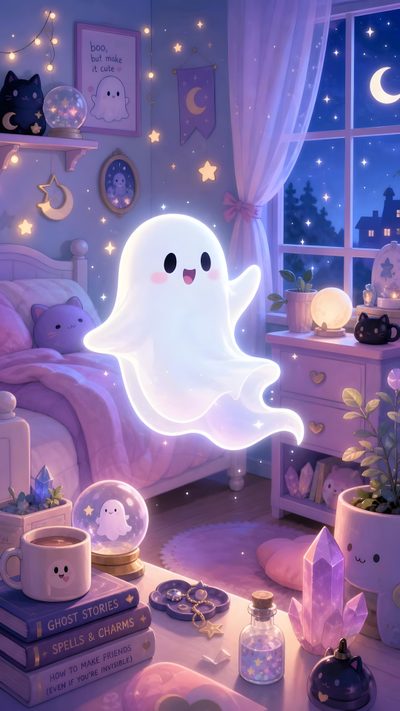 a room with a bed, window and some decorations Aesthetic Kawaii Cute Halloween Pastel Purple Bedroom, Kawaii Ghost, Purple Bedroom, Pastel, slate gray