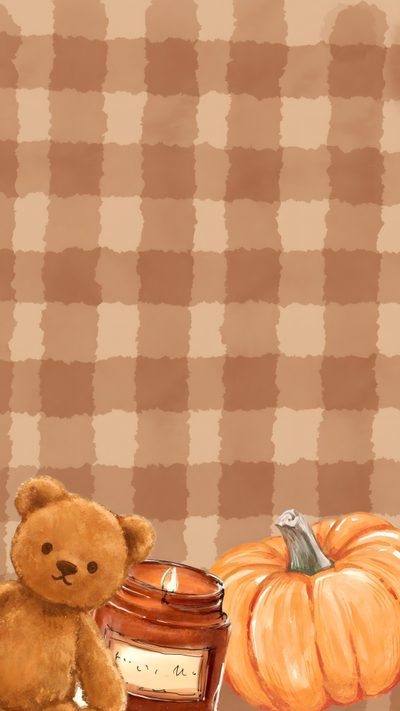 a painting of a teddy bear next to a jar of peanut butter and a pumpkin Autumn Halloween Iphone Autumn Bear Background, Fall Baby, Cute Fall Bear, Fall Bear Background, dark salmon