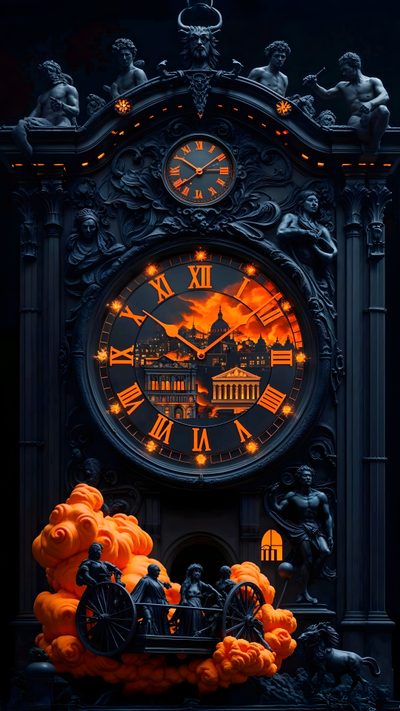 an ornate clock with orange lights on it's face and figures around the clock Halloween Steampunk Clock Live, Clock Iphone, Apple Logo, Modern Landscape Design, black