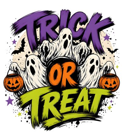 trick or treat with ghost hands and pumpkins Halloween Trick Or Treat Trick Or Treat Halloween Text, Trick Or Treat Text Art, Trick R Treat Art, blanched almond