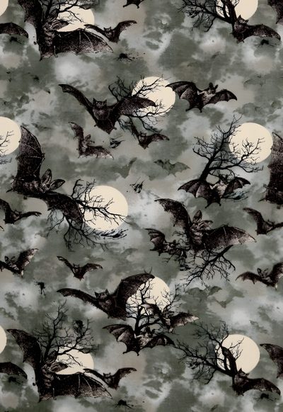 an image of bats flying in the night sky with full moon and tree silhouettes Vintage Bats For Halloween Fabric And Kawaii Bats On Gray Fabric, Sugar Glider Fabric Swatch, Green Bat Pattern Fabric,