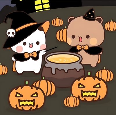 two cats are sitting in front of a caulder filled with pumpkins and jack - o'- lanterns Bubu Dudu Halloween Mochi Mochi Peach Cat Halloween, Bubu Halloween Gif, Milk And Mocha Halloween, dark slate gray