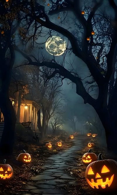 halloween pumpkins on the ground in front of trees Full Moon Halloween Spooky Image For Halloween, Spooky Halloween Picture, Halloween Nature, black