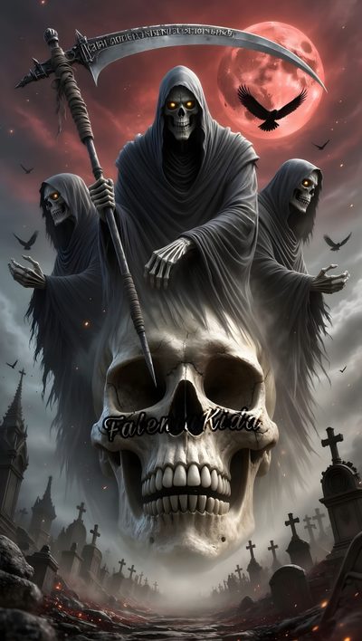 a skull with two grimic skulls on it's head and one holding a sculler Grim Reaper Halloween Grim Reaper With Skulls, Grim Reaper Skull, Evil Grim Reaper, dark slate gray