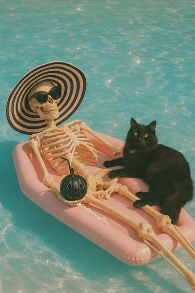 a cat laying on top of an inflatable raft next to a skeleton wearing sunglasses Halloween Tropical Iphone Spooky, Spooky Summer Background, Summerween Pictures, light slate gray