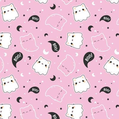 a pink wallpaper with black and white cats on it's face, saying boo Halloween Ghosts And Webs On Pink Kawaii Halloween, Spooky Pattern, Pink Background Spooky Design,