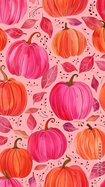 a painting of pumpkins and leaves on a pink background Pink And Orange Halloween Pink Pumpkins Background, Autumn Phone, Halloween Cute, Fall Background, light coral