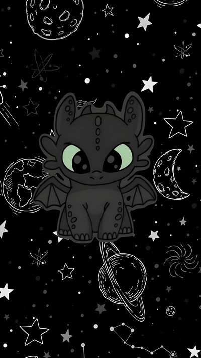 a black background with stars, planets and a little cute creature in the middle of it Halloween Toothless Toothless Halloween, Toothless Backgrounds, Wache, Halloween Toothless, Papel, black
