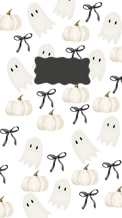 white pumpkins with black bows and ghost silhouettes on a white background for halloween White Halloween Aesthetic Halloween Bows, Halloween Bow Iphone, Ghost And Bows,