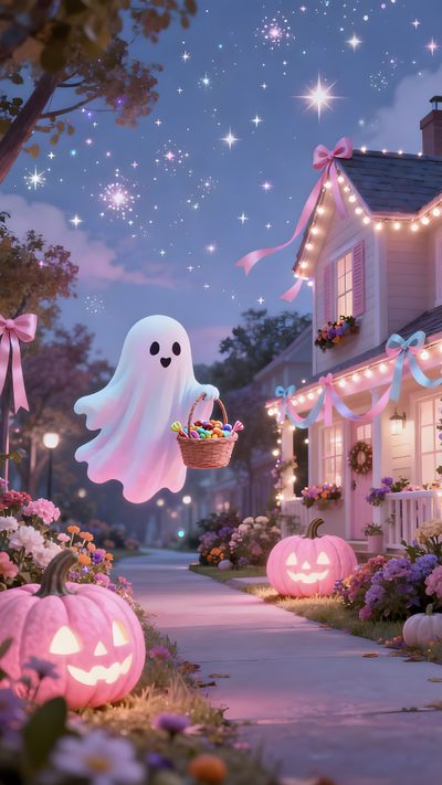halloween decorations in front of a house at night with lights on and ghost coming out Pink Halloween Night Spooky Halloween Pictures, Girly Halloween Iphone, Pink Halloween Aesthetic, slate gray
