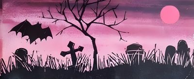 a painting with bats and tombstones in the grass at sunset, painted on canvas Black And Pink Halloween Pink Goth Pc, Halloween Twitter Banner, Spooky Discord Banner, gray