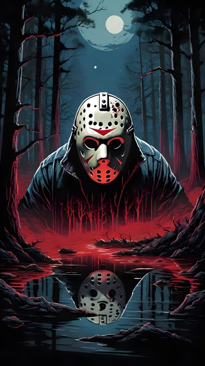 a painting of a person wearing a mask and standing in front of a lake with trees Jason Halloween Cool Jason Voorhees, Jason Pictures, Jason Voorhees Iphone, Jason Voorhees Walpaper, black