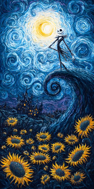a painting of a skeleton standing on top of a wave with sunflowers in the foreground Halloween Van Gogh Skeleton Nightmare Before Christmas Phone, Nightmare Before Christmas Art, Halloween Starry Night, dark slate gray