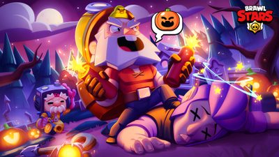 a cartoon character sitting on the ground surrounded by pumpkins and other halloween related items Halloween Pumpkin Brawl Custom Halloween Pumpkin Brawl Custom, Brawl Stars 1920x1080, Brawl Stars Desktop, purple