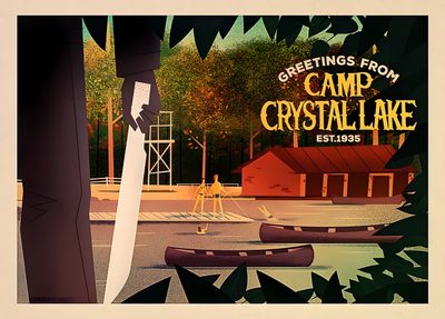 an image of a camp crystal lake poster with trees and canoes in the foreground Camp Crystal Lake Halloween The Shining Postcard Design, Camp Crystal Lake Art, Horror Movie Camp Sign, saddle brown