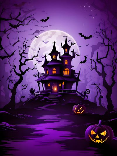 a spooky house with two jack o lantern pumpkins in front of it Purple And Black Halloween Spooky Background, Photo Halloween, Happy Halloween Pictures, indigo