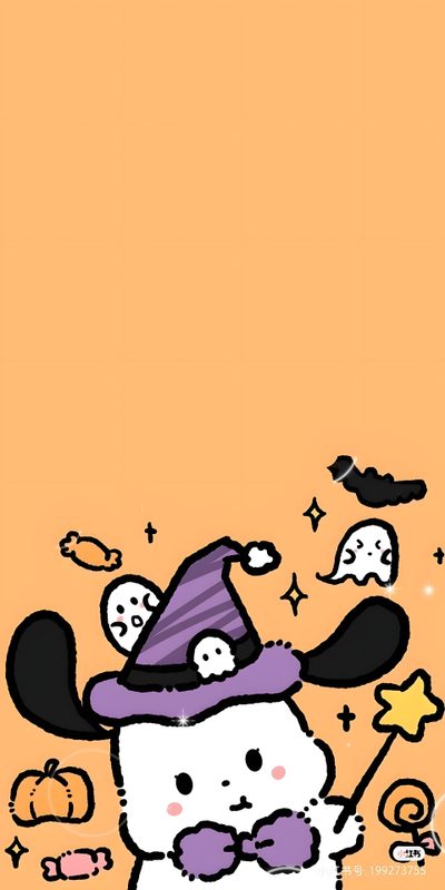 an animal with a purple hat and bow tie is standing in front of a orange background Pochacco Halloween Brown Pochacco, Pochacco Pumpkin Painting, Halloween Pochacco, light salmon