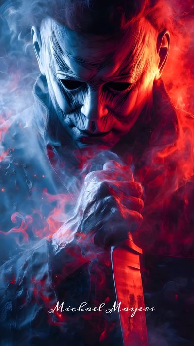 a man holding a knife in front of a fire filled background with words that read, the Michel Myers Halloween Iphone Michael Myers Iphone 4k, Michael Myers Scary, Michael Myers 4k, dark slate gray
