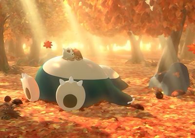 an animated character laying on the ground surrounded by autumn leaves and fallen leaves, with trees in the background Halloween Snorlax Snorlax Desktop 4k, Winter Pokemon Desktop, Snorlax Holding A Heart, Pokemon Binder, peru