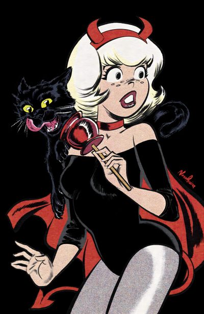 a drawing of a woman with a cat on her shoulder and devil's horns around her neck Halloween Pinup Art Sabrina Cat Cartoon, Sabrina The Witch Cartoon, Sabrina Cartoon, black