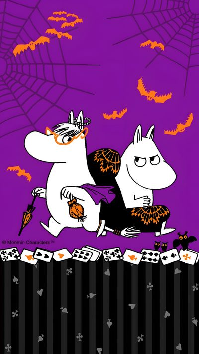 a calendar with two cats on it and spider web in the background, as well as bats Moomin Halloween Moomin Christmas, Moomin Fall, Moomin Halloween, Moomin Autumn, dark magenta