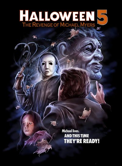 halloween 5 the revenge of michael myers and they're ready poster with two children Halloween 5 Michael Myers Poster, Michael Myers Movie Cover, Halloween 1 Movie, black