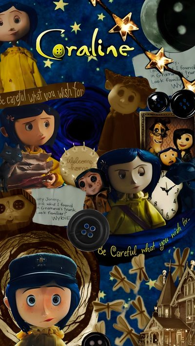 an image of some cartoon characters on a blue background Halloween Iphone Movies And Shows Coraline And Wybie, Coraline Art, Coraline Movie, dark slate gray