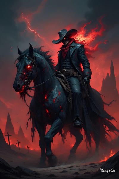 a man riding on the back of a black horse in front of a red sky Cowboy Ghost Halloween Western Gunslinger Art, Cowboy Grim Reaper, Grim Reaper Cowboy, dark slate gray
