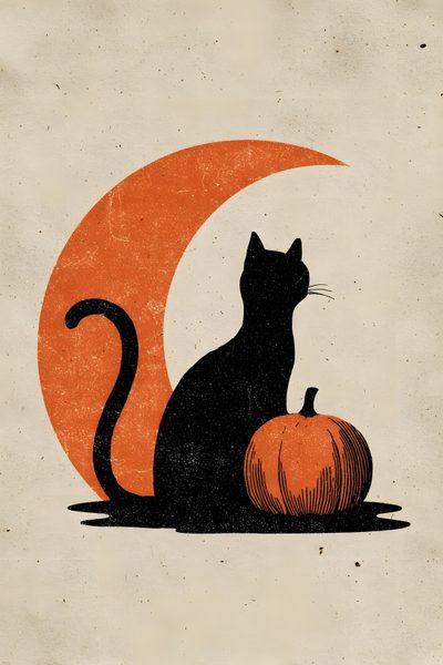 a black cat sitting on top of a pumpkin next to an orange half - moon Vintage Halloween Cat Classic Halloween Aesthetic, Cute Halloween Art, Halloween Cat Design, silver