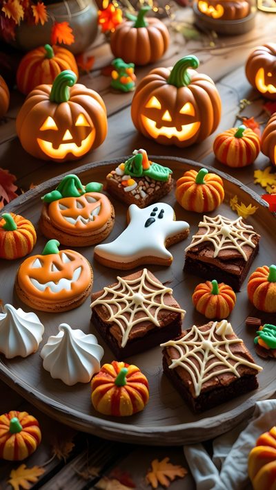 a plate full of decorated halloween cookies on a table with pumpkins and jack - o'- lanterns Halloween Treats Halloween Food Images, Spooky Autumn Treats, Halloween Food Pictures, saddle brown