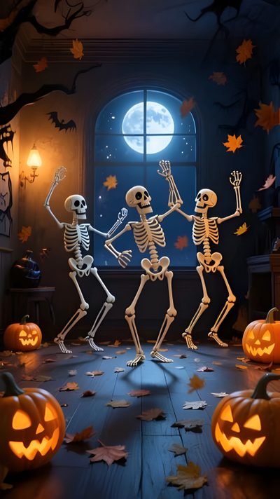 three skeletons dancing in front of pumpkins Happy Halloween Live Happy Halloween Gif, Halloween Live, Apple Watch Custom Faces, dark slate gray