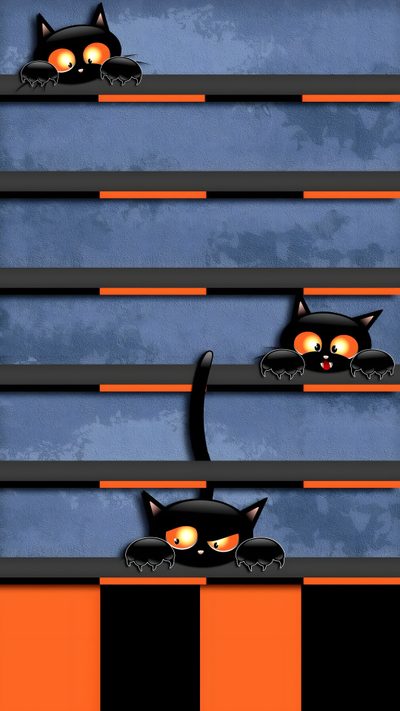 two black cats laying on top of each other in front of an orange and black background Halloween Cat Stripes Halloween Cat For Phone, Halloween Cat Iphone, Halloween Cat Phone, dim gray