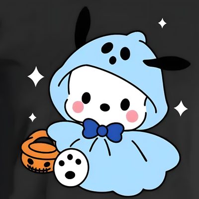 a black shirt with an image of a cartoon character wearing a blue outfit and holding a cookie Pochacco Halloween Scrapbook Journal, Pochacco Fall, Halloween Pumpkins Painted, dark slate gray