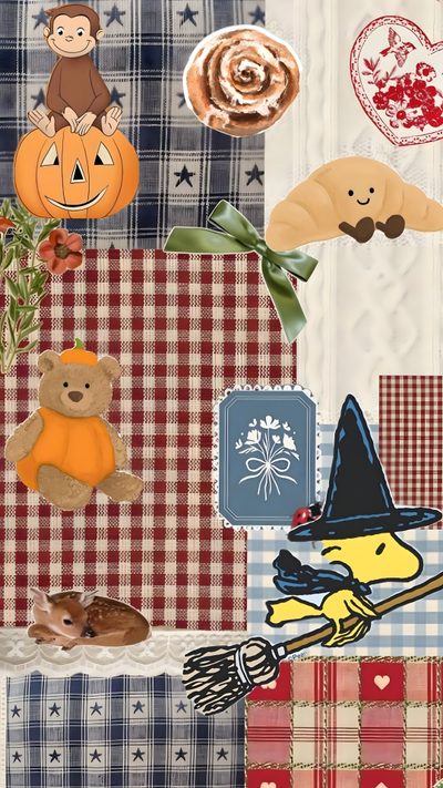a collage with many different items on top of each other, including pumpkins and witches Baggu Halloween Curious George Aesthetic Fall, Snoopy Autumn, Cutesy Fall, rosy brown