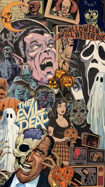 a collage of halloween images and characters Vintage 90s Halloween Horror Room, Halloween Iphone Backgrounds, Halloween Backgrounds, Creepy Core, dim gray