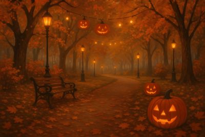 two pumpkins sitting on the ground next to a park bench with lights hanging from it Ipad Halloween Landscape Halloween Landscape, Halloween Background Horizontal, Halloween Desktop, saddle brown