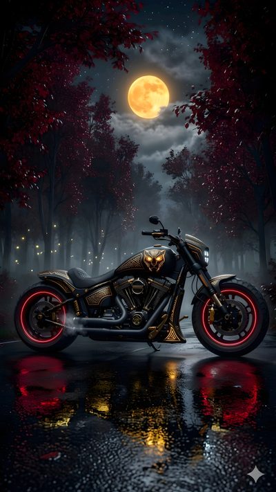 a motorcycle parked on the side of a road under a full moon filled sky with stars Halloween Motorcycle Butterfly Video, 50 Shades, Diamond Art, Cars, black
