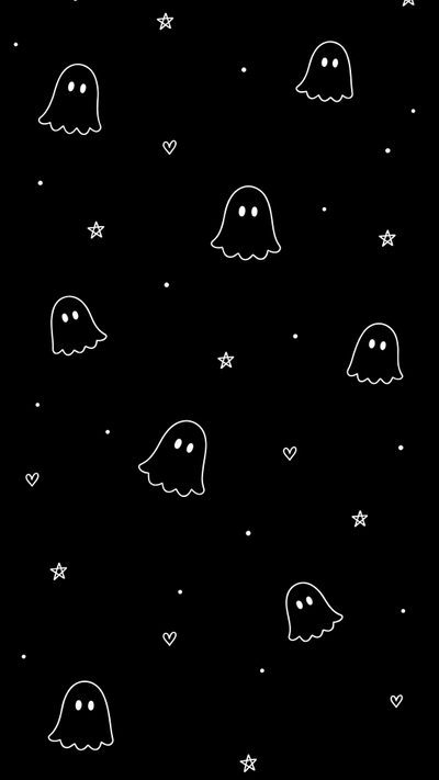 black and white ghost wallpaper with hearts and stars in the night sky for halloween Black Cute Halloween Ghost Number, Black And, Simple Halloween, Ghost Aesthetic,